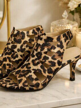 Leopard Print Cage Heels Open Toe Slingback Sandals